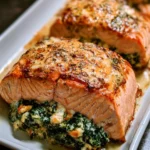 Baked salmon fillet stuffed with spinach and feta cheese
