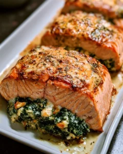 Baked salmon fillet stuffed with spinach and feta cheese