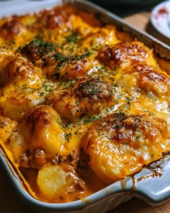 Cheese-Topped Hamburger and Potato Casserole ready to serve