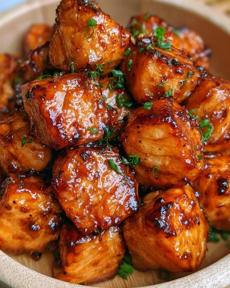 Crispy honey garlic salmon bites served with lemon and garnish