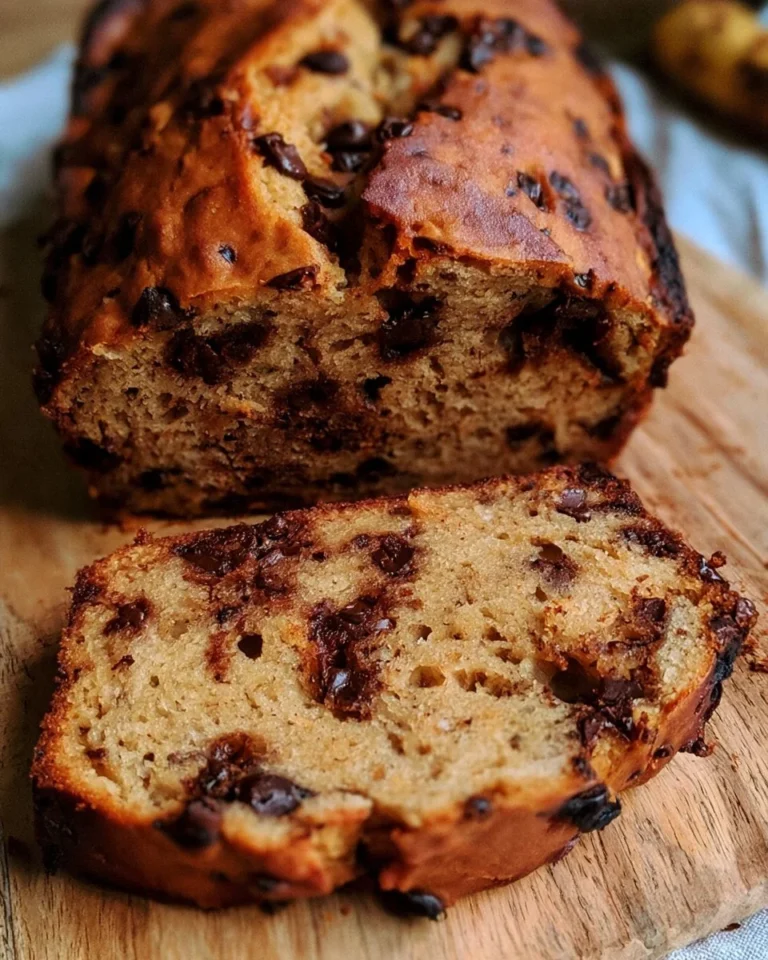 Slice of easy banana bread with chocolate chips on a wooden table