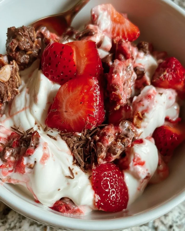Easy Chocolate Strawberry Yogurt Clusters with fresh strawberries and chocolate drizzle.