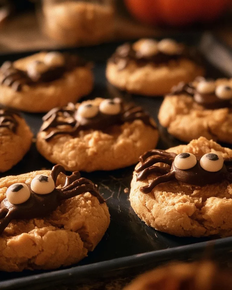 Easy peanut butter spider cookies topped with chocolate icing for a festive look.
