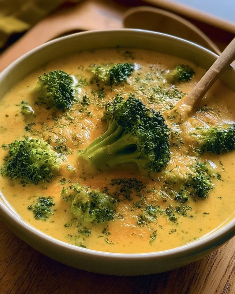 Bowl of healthy broccoli cheddar soup garnished with fresh broccoli and cheese