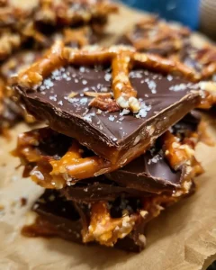 Delicious homemade salted caramel pretzel bark on parchment paper